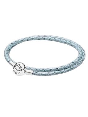 Pandora Silver Clasp Braided Light Metallic Blue Double Leather Bracelet